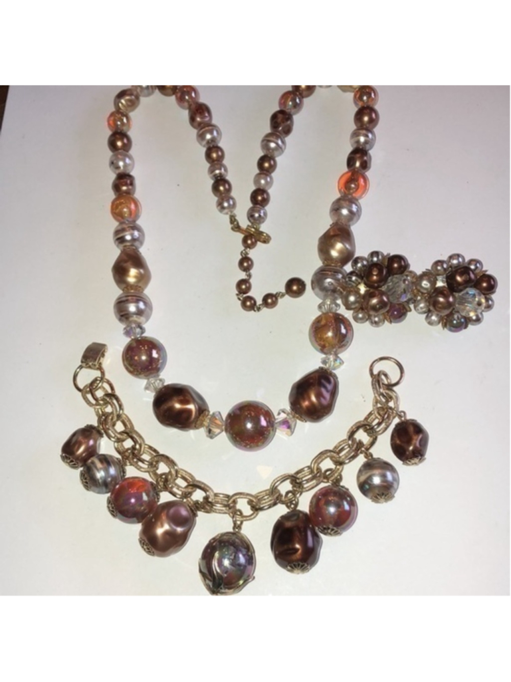 Vintage Antique Brown & Off White Faux Pearl Necklace Bracelet & Earrings Set